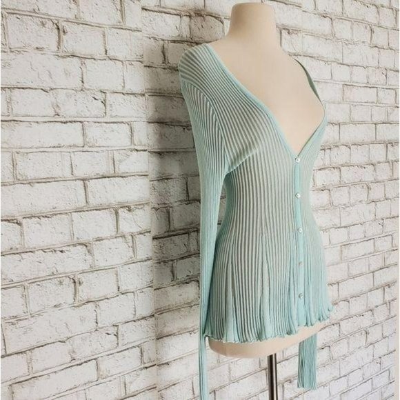 Sigrid Olsen Teal Button Down Sweater Long Sleeve Sheer Ribbed Cardigan Small - Picture 4 of 7